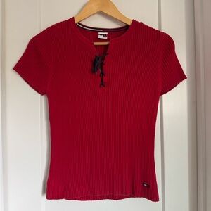 Vintage Tommy Hilfiger Women's Red Lace-Up Ribbed Tee